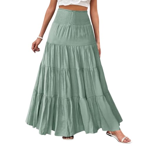 Minetom Röcke Damen Midi-Länge Strandrock Hohe Taille Maxirock Mit Kordelzug Einfarbig Casual Freizeitrock Hochzeit Cocktail Skirt B Grün L von Minetom