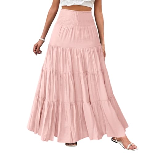 Minetom Röcke Damen Midi-Länge Strandrock Hohe Taille Maxirock Mit Kordelzug Einfarbig Casual Freizeitrock Hochzeit Cocktail Skirt B Rosa M von Minetom