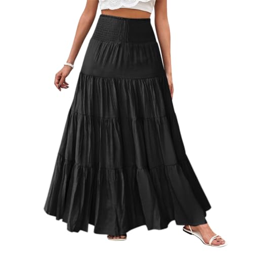 Minetom Röcke Damen Midi-Länge Strandrock Hohe Taille Maxirock Mit Kordelzug Einfarbig Casual Freizeitrock Hochzeit Cocktail Skirt B Schwarz XS von Minetom