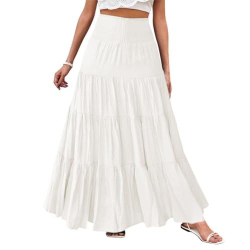 Minetom Röcke Damen Midi-Länge Strandrock Hohe Taille Maxirock Mit Kordelzug Einfarbig Casual Freizeitrock Hochzeit Cocktail Skirt B Weiß S von Minetom