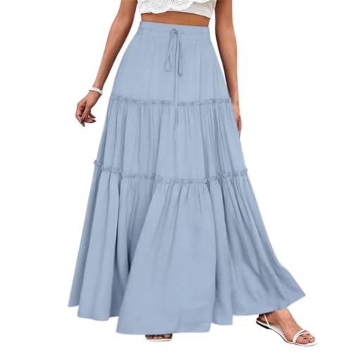 Minetom Röcke Damen Midi-Länge Strandrock Hohe Taille Maxirock Mit Kordelzug Einfarbig Casual Freizeitrock Hochzeit Cocktail Skirt C Blau L von Minetom