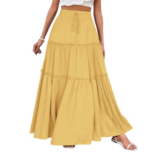 Minetom Röcke Damen Midi-Länge Strandrock Hohe Taille Maxirock Mit Kordelzug Einfarbig Casual Freizeitrock Hochzeit Cocktail Skirt C Gelb L von Minetom
