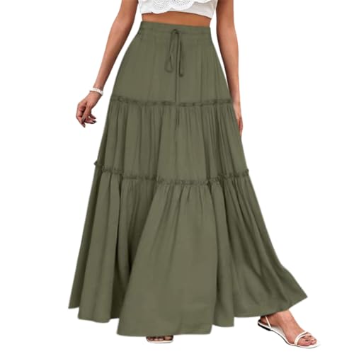 Minetom Röcke Damen Midi-Länge Strandrock Hohe Taille Maxirock Mit Kordelzug Einfarbig Casual Freizeitrock Hochzeit Cocktail Skirt C Grün L von Minetom