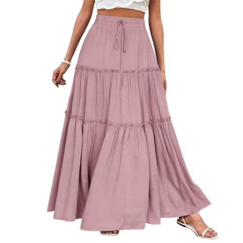 Minetom Röcke Damen Midi-Länge Strandrock Hohe Taille Maxirock Mit Kordelzug Einfarbig Casual Freizeitrock Hochzeit Cocktail Skirt C Rosa M von Minetom