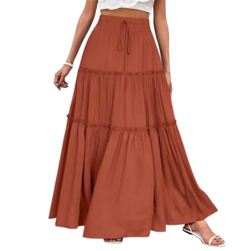 Minetom Röcke Damen Midi-Länge Strandrock Hohe Taille Maxirock Mit Kordelzug Einfarbig Casual Freizeitrock Hochzeit Cocktail Skirt C Rot L von Minetom