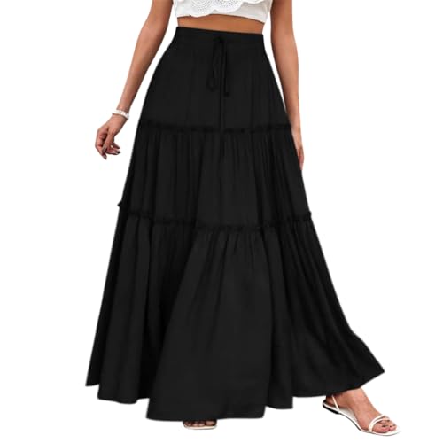 Minetom Röcke Damen Midi-Länge Strandrock Hohe Taille Maxirock Mit Kordelzug Einfarbig Casual Freizeitrock Hochzeit Cocktail Skirt C Schwarz S von Minetom