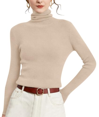 Minetom Rollkragenpullover Damen Strickpullover Stretch Pullover Weich Strickpulli Langarm Stricken Pulli Herbst Winter Jumper Sweater Oberteile Tops A Beige L von Minetom