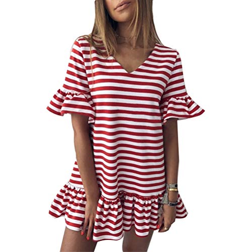 Minetom Rot Weiß Gestreift Rüschen V-Ausschnitt Kurzarm Kuschel Minikleid T-Shirt Kleid M von Minetom