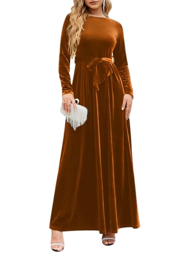 Minetom Samtkleid Damen Langarm Abendkleid Elegant Herbst Winter Rundhals Hochzeit Festliches Kleider A-Linie Partykleid Cocktailkleid Maxikleid A Braun XL von Minetom