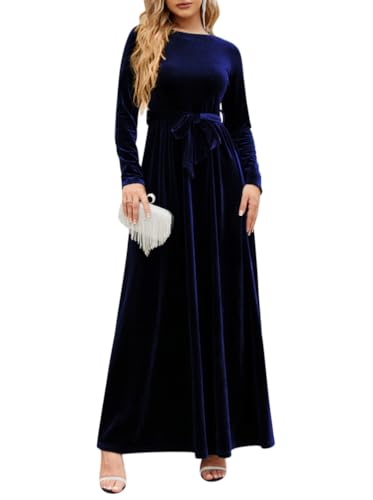 Minetom Samtkleid Damen Langarm Abendkleid Elegant Herbst Winter Rundhals Hochzeit Festliches Kleider A-Linie Partykleid Cocktailkleid Maxikleid A Dunkelblau S von Minetom