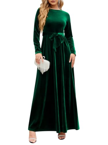 Minetom Samtkleid Damen Langarm Abendkleid Elegant Herbst Winter Rundhals Hochzeit Festliches Kleider A-Linie Partykleid Cocktailkleid Maxikleid A Grün L von Minetom