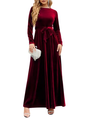 Minetom Samtkleid Damen Langarm Abendkleid Elegant Herbst Winter Rundhals Hochzeit Festliches Kleider A-Linie Partykleid Cocktailkleid Maxikleid A Rot XXL von Minetom
