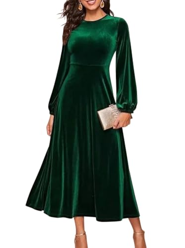 Minetom Samtkleid Damen Langarm Abendkleid Elegant Herbst Winter Rundhals Hochzeit Festliches Kleider A-Linie Partykleid Cocktailkleid Maxikleid B Grün 4XL von Minetom