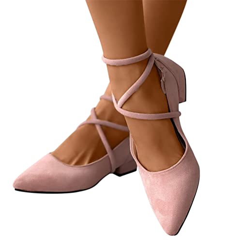 Minetom Sandalen Damen Blockabsatz Pumps Riemchen Damenschuhe Frühjahr Business Plateau Ballerinas Schuhe Mit Absatz Sommer Spitzenschuhe Geschlossene Niedrig Absatzpumps B Rosa 40 EU von Minetom