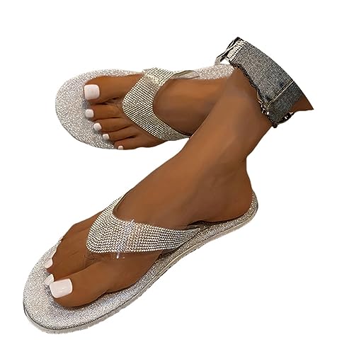 Minetom Sandalen Damen Flach Slippers Flip Flop Glitzer Hausschuhe Sandalen Pantoletten Strandsandalen Leicht Bequem Sommerschuhe Freizeitschuhe A Silber 40 EU von Minetom