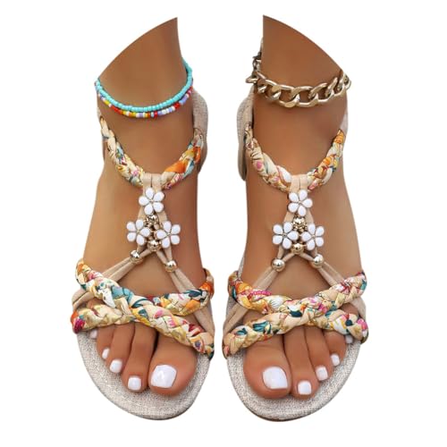 Minetom Sandalen Damen Flache Sandaletten Casual Boho Bequeme Peep Toe Strand Sommerschuhe A Beige 41 EU von Minetom