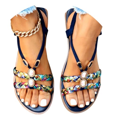 Minetom Sandalen Damen Flache Sandaletten Casual Boho Bequeme Peep Toe Strand Sommerschuhe B Blau 41 EU von Minetom