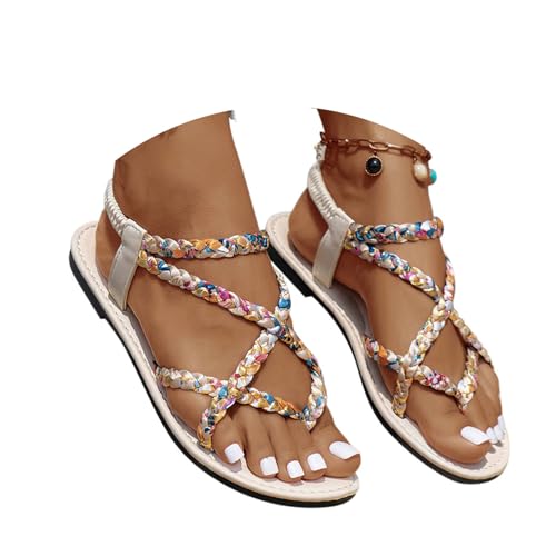 Minetom Sandalen Damen Flache Sandaletten Casual Boho Bequeme Peep Toe Strand Sommerschuhe E Beige 37 EU von Minetom