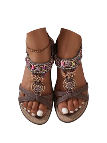Minetom Sandalen Damen Flache Sandaletten Mit Perlen Sommer Boho Strandschuhe Freizeit Slingback Sommerschuhe A Braun 41 EU von Minetom
