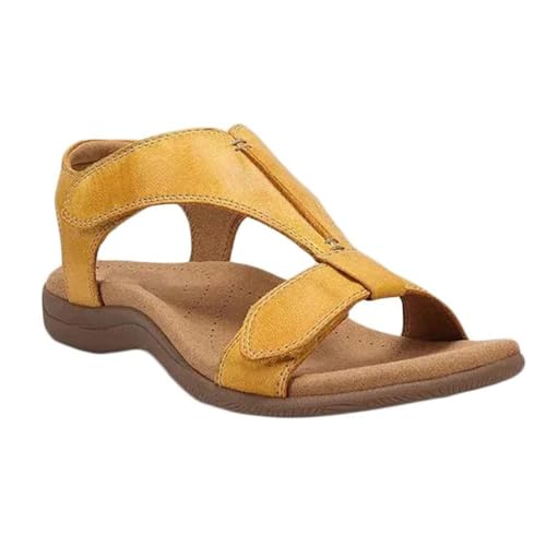 Minetom Sandalen Damen Flache Strandsandalen Sommer Mit Weiche Fußbett Klettverschluss Sandalen Vintage Leicht Freizeit Schuhe A Gelb 39 EU von Minetom