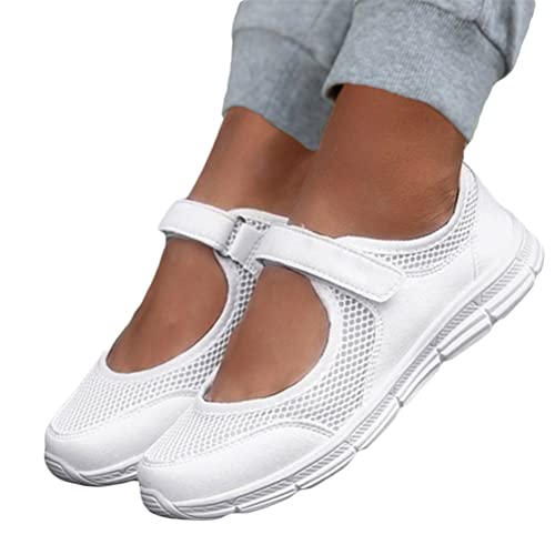 Minetom Sandalen Damen Freizeitschuhe Keilabsatz Leicht Walkingschuhe Plateau Klettverschluss Turnschuhe Mesh Fitness Sneaker Laufschuhe Sommer Atmungsaktiv C Weiß 38 EU von Minetom