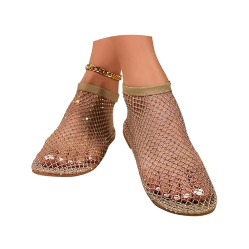 Minetom Sandalen Damen Hohle Mesh Strass Sandalen Weichen Sohlen Flache Sommerschuhe Strandschuhe Netzstrümpfe Slip On Sandalen A Gold 39 EU von Minetom