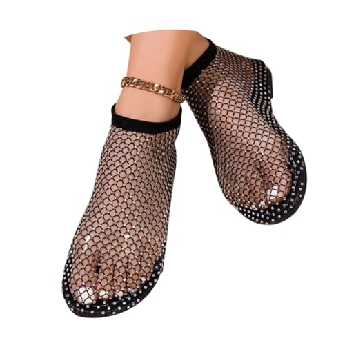 Minetom Sandalen Damen Hohle Mesh Strass Sandalen Weichen Sohlen Flache Sommerschuhe Strandschuhe Netzstrümpfe Slip On Sandalen A Schwarz 41 EU von Minetom