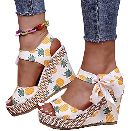 Minetom Sandalen Damen Keilabsatz Römersandalen Plateau Sandaletten Mit Fruchtdruck High Heels Sommerschuhe Für Frauen Peeptoe Sandalen A Ananas 36 EU von Minetom