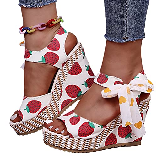 Minetom Sandalen Damen Keilabsatz Römersandalen Plateau Sandaletten Mit Fruchtdruck High Heels Sommerschuhe Für Frauen Peeptoe Sandalen A Erdbeere 40 EU von Minetom