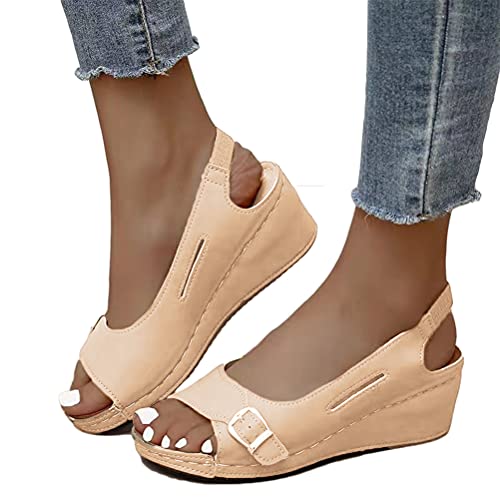 Minetom Sandalen Damen Keilabsatz Sandalen Frauen Sommer Offene Schuhe PU Plattform Freizeit Sommerschuhe Slingback Sandaletten Strandsandalen A Aprikose 40 EU von Minetom