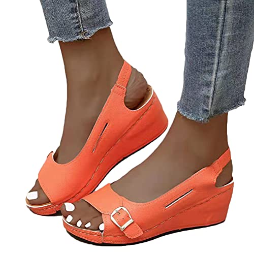 Minetom Sandalen Damen Keilabsatz Sandalen Frauen Sommer Offene Schuhe PU Plattform Freizeit Sommerschuhe Slingback Sandaletten Strandsandalen A Orange 43 EU von Minetom