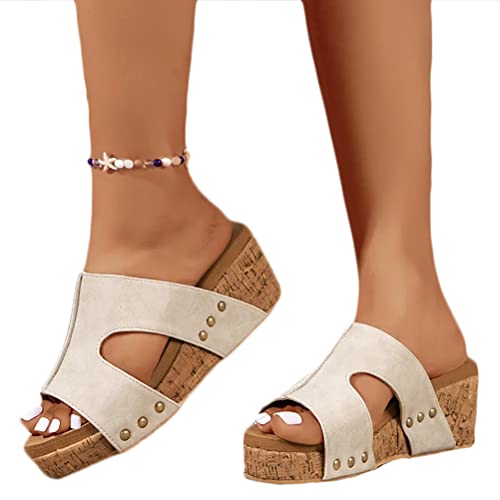 Minetom Sandalen Damen Keilabsatz Sandalen Hausschuhe Römische Plattform Schlappen Sommer Offene Schuhe Plateausohle Slippers Strandsandalen A1 Beige 42 EU von Minetom