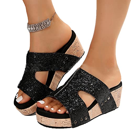 Minetom Sandalen Damen Keilabsatz Sandalen Hausschuhe Römische Plattform Schlappen Sommer Offene Schuhe Plateausohle Slippers Strandsandalen A2 Schwarz 38 EU von Minetom