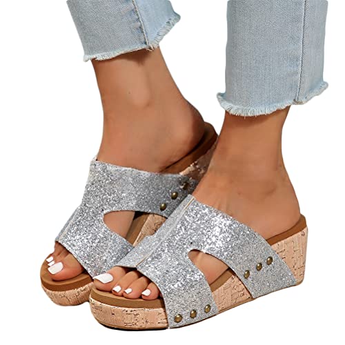 Minetom Sandalen Damen Keilabsatz Sandalen Hausschuhe Römische Plattform Schlappen Sommer Offene Schuhe Plateausohle Slippers Strandsandalen A2 Silber 39 EU von Minetom