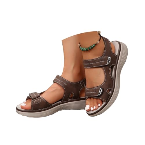 Minetom Sandalen Damen Leichte Sandals Sommerschuhe Bequeme Flach Beach Peep Toe Verstellbare Klettverschluss Treckingsandalen Sportsandalen A Braun 39 EU von Minetom