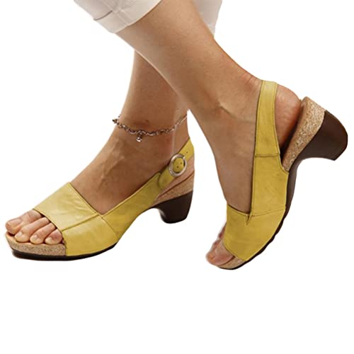 Minetom Sandalen Damen Mit Absatz Retro Sandaletten Plateau Sommer Schnalle Sommerschuhe Frauen Blockabsatz Slingback Open Toe High Heel A Gelb 39 EU von Minetom