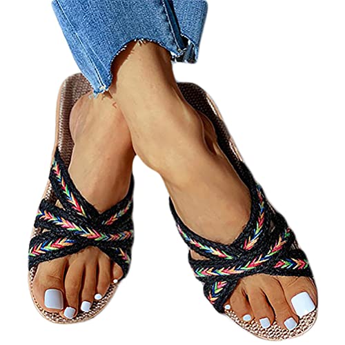 Minetom Sandalen Damen Pantoletten Espadrille Flach Schlappen Sommer Mules Frauen Bow Flache Sommerschuhe Hausschuhe Bequeme A2 Schwarz 39/40 EU von Minetom