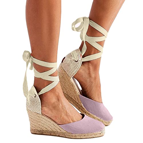 Minetom Sandalen Damen Plateau Keilsandalen Espadrille Frauen Strand Sandaletten Keilabsatz Sommerschuhe Flatform Baotou Schnürschuhe A Rosa 39 EU von Minetom