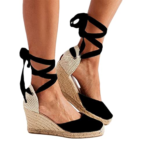 Minetom Sandalen Damen Plateau Keilsandalen Espadrille Frauen Strand Sandaletten Keilabsatz Sommerschuhe Flatform Baotou Schnürschuhe A Schwarz 40 EU von Minetom