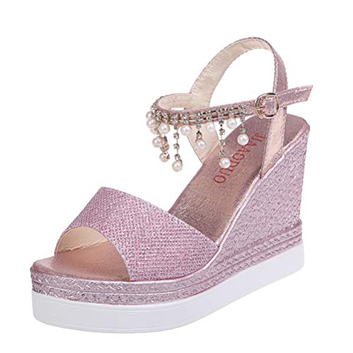 Minetom Sandalen Damen Plateau Keilsandalen Frauen Sandaletten Keilabsatz Sommerschuhe Flat Form Slingback A Pink 35 EU von Minetom