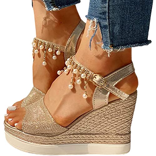 Minetom Sandalen Damen Plateau Keilsandalen Sandaletten Keilabsatz Sommerschuhe Flat Form Slingback A Gold 38 EU von Minetom