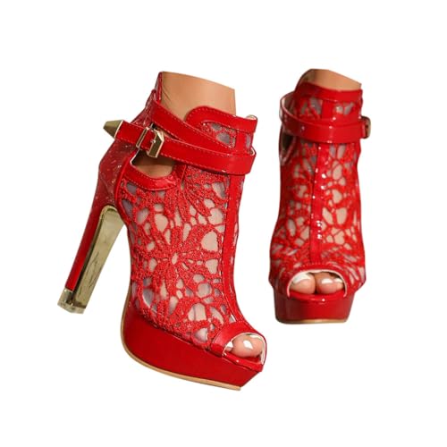 Minetom Sandalen Damen Pumps Schuhe Lace Hohl Blockabsatz High Heels Open Toe Sandalen Abend Party Braut Sommerschuh A Rot 36 EU von Minetom