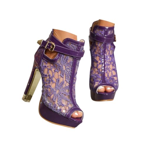 Minetom Sandalen Damen Pumps Schuhe Lace Hohl Blockabsatz High Heels Open Toe Sandalen Abend Party Braut Sommerschuh A Violett 36 EU von Minetom