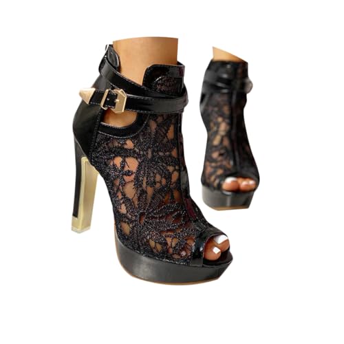Minetom Sandalen Damen Pumps Schuhe Lace Hohl Blockabsatz High Heels Open Toe Sandalen Abend Party Braut Sommerschuhe A Schwarz 39 EU von Minetom