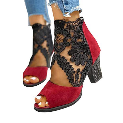 Minetom Sandalen Damen Pumps Schuhe Lace Hohl Blockabsatz High Heels Open Toe Sandalen Abend Party Braut Sommerschuhe B Rot 40 EU von Minetom