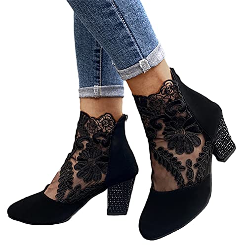 Minetom Sandalen Damen Pumps Schuhe Lace Hohl Blockabsatz High Heels Open Toe Sandalen Abend Party Braut Sommerschuhe C Schwarz 40 EU von Minetom