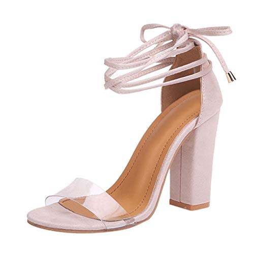 Minetom Sandalen Damen Riemchen Sandaletten High Heels 10 cm Party Blockabsatz Shoes Elegante Abendschuhe Übergröße Mode Schuhe Sommer Nackt EU 35 von Minetom