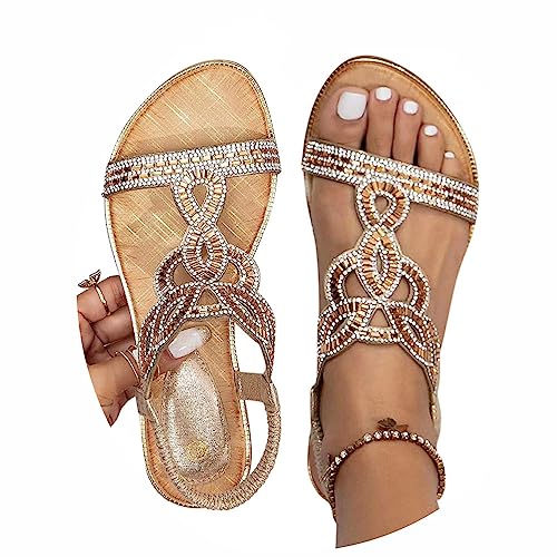 Minetom Sandalen Damen Sommer Bequem Sandalen Mit Strass Boho Strand Schuhe Freizeit Flach Sandalette Slingback Sommerschuhe A Gold 40 EU von Minetom