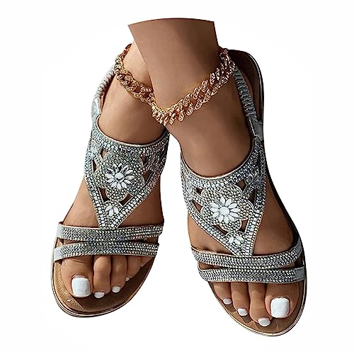 Minetom Sandalen Damen Sommer Bequem Sandalen Mit Strass Boho Strand Schuhe Freizeit Flach Sandalette Slingback Sommerschuhe B Silber 39 EU von Minetom