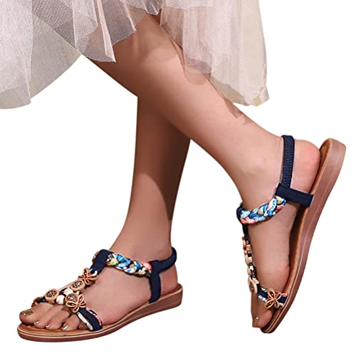 Minetom Sandalen Damen Sommer Blumen Perlen Slipper Sommerschuhe Bohemian Römersandalen Flache Slingback Sandaletten Strandschuhe A Marine 36 EU von Minetom